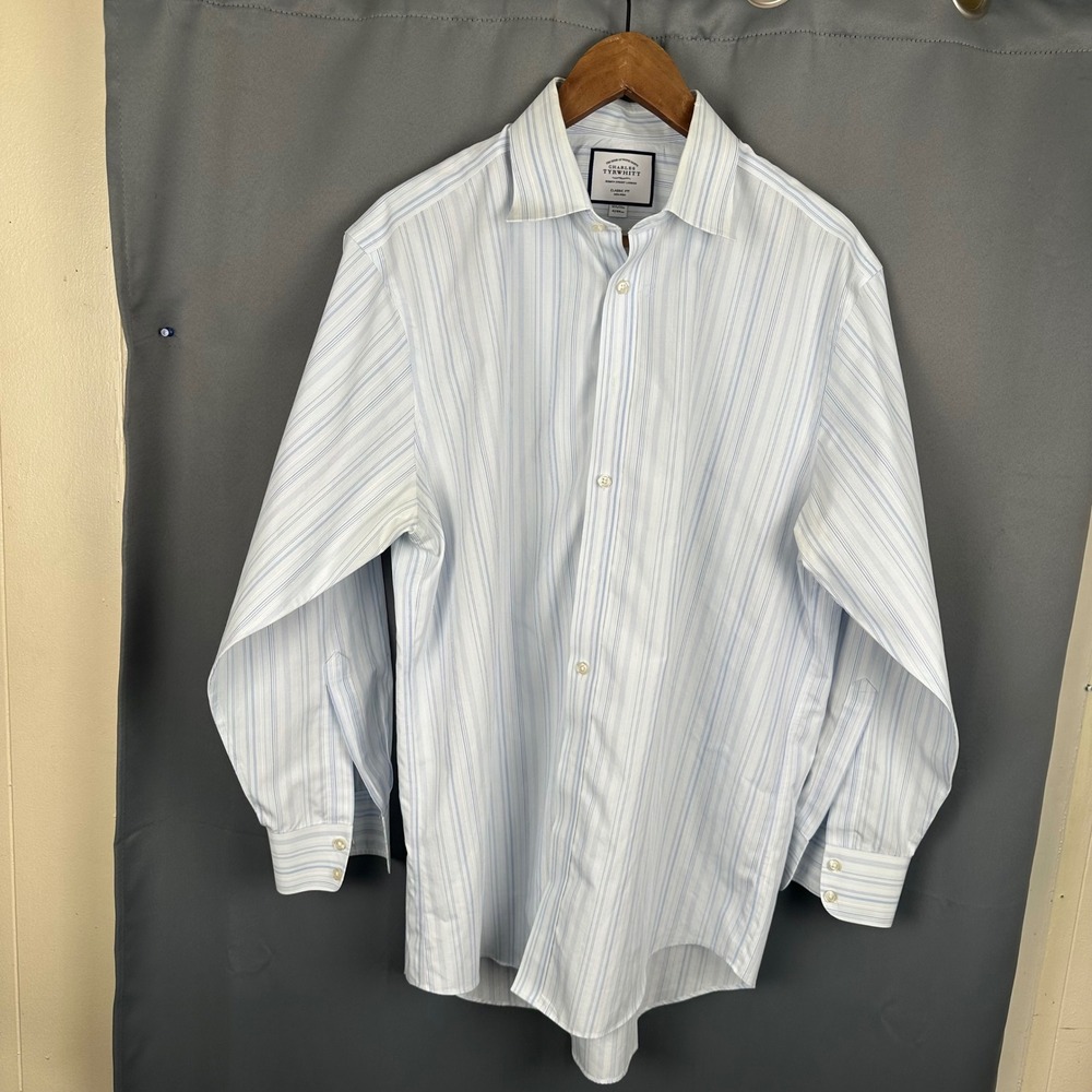 Charles Tyrwhitt Mens Classic Non-Iron Striped Dress Shirt Blue White 16.5/33 - Picture 2 of 8